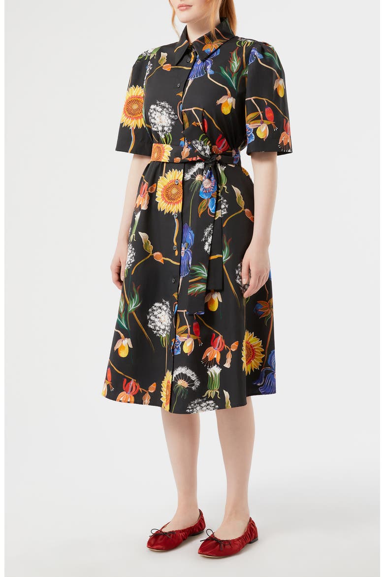Lacrima Floral Belted Cotton Shirtdress, Alternate, color, BLACK