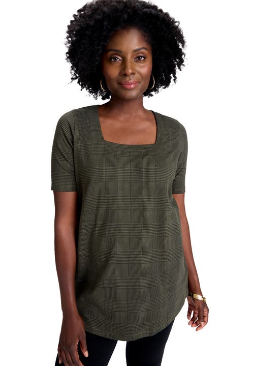 Jessica London Stretch Cotton Square Neck Tunic In Green