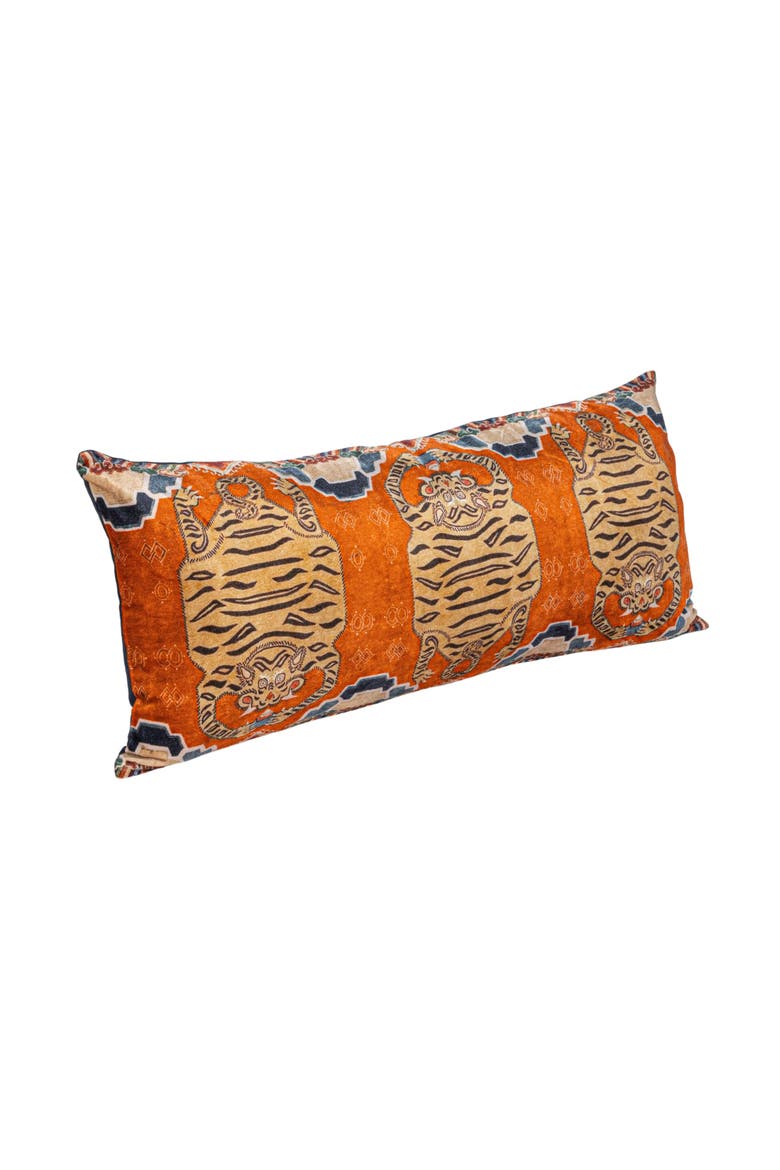 Cotton Velvet Tigers Pattern Lumbar Pillow, Multicolor, Main, color, Grey