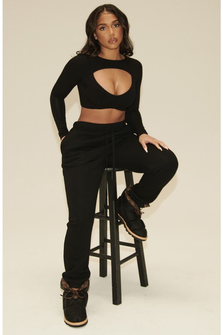 x Lori Harvey Front Cutout Long Sleeve Crop Top, Alternate, color, BLACK