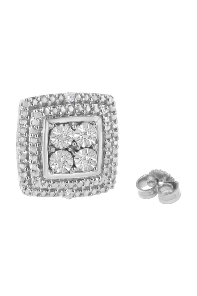 Silver Diamond Accented Square Shaped Milgrain Stud Earrings, Alternate, color, White