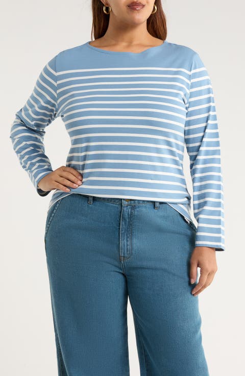 Sailor Stripe Long Sleeve Organic Cotton T-Shirt (Plus)