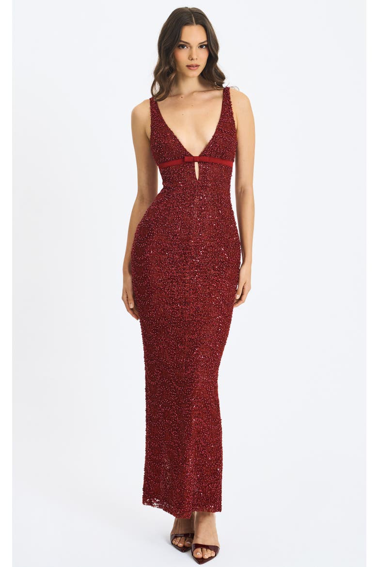 Elora Sequin Beaded Keyhole Maxi Dress, Main, color, Crimson Red
