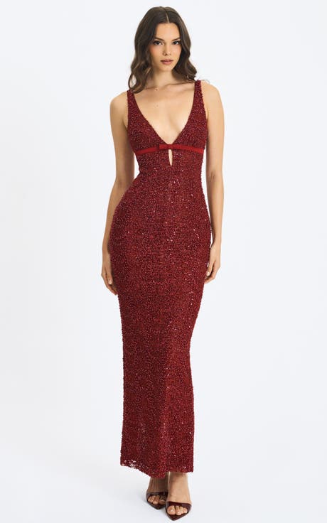 Elora Sequin Beaded Keyhole Maxi Dress