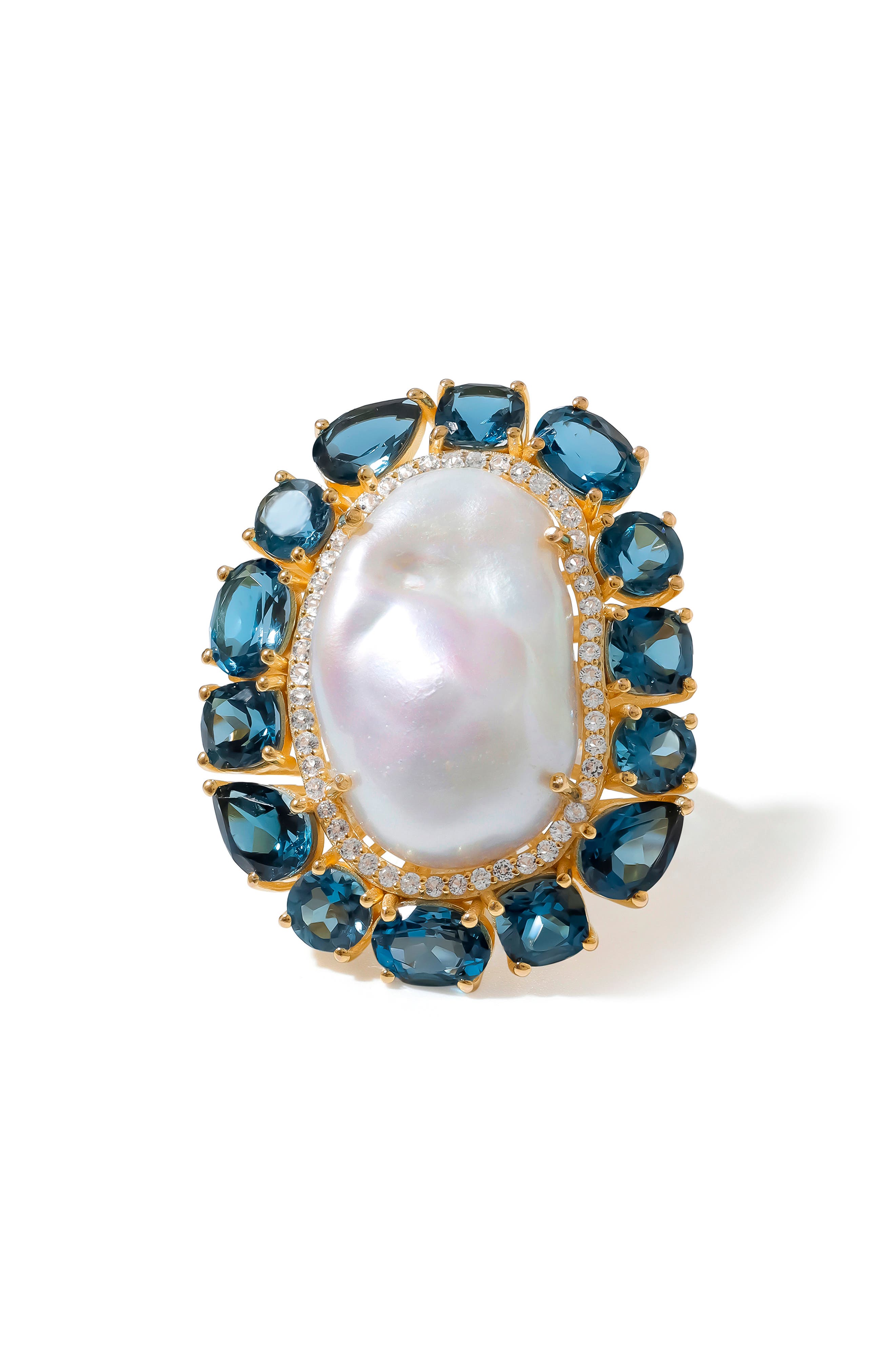 Cultured Pearl & London Blue Topaz Ring