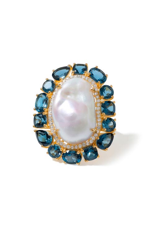 Cultured Pearl & London Blue Topaz Ring