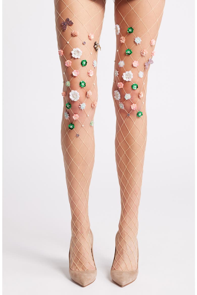 Aurora Floral Appliqué Sheer Tights, Main, color, BEIGE