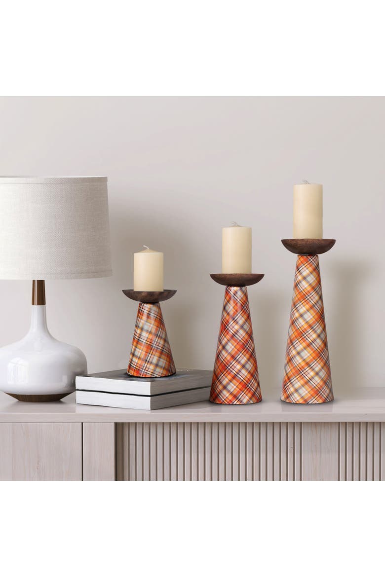 Plaid Pillar Candleholder Set - Ochre, Alternate, color, Ochre
