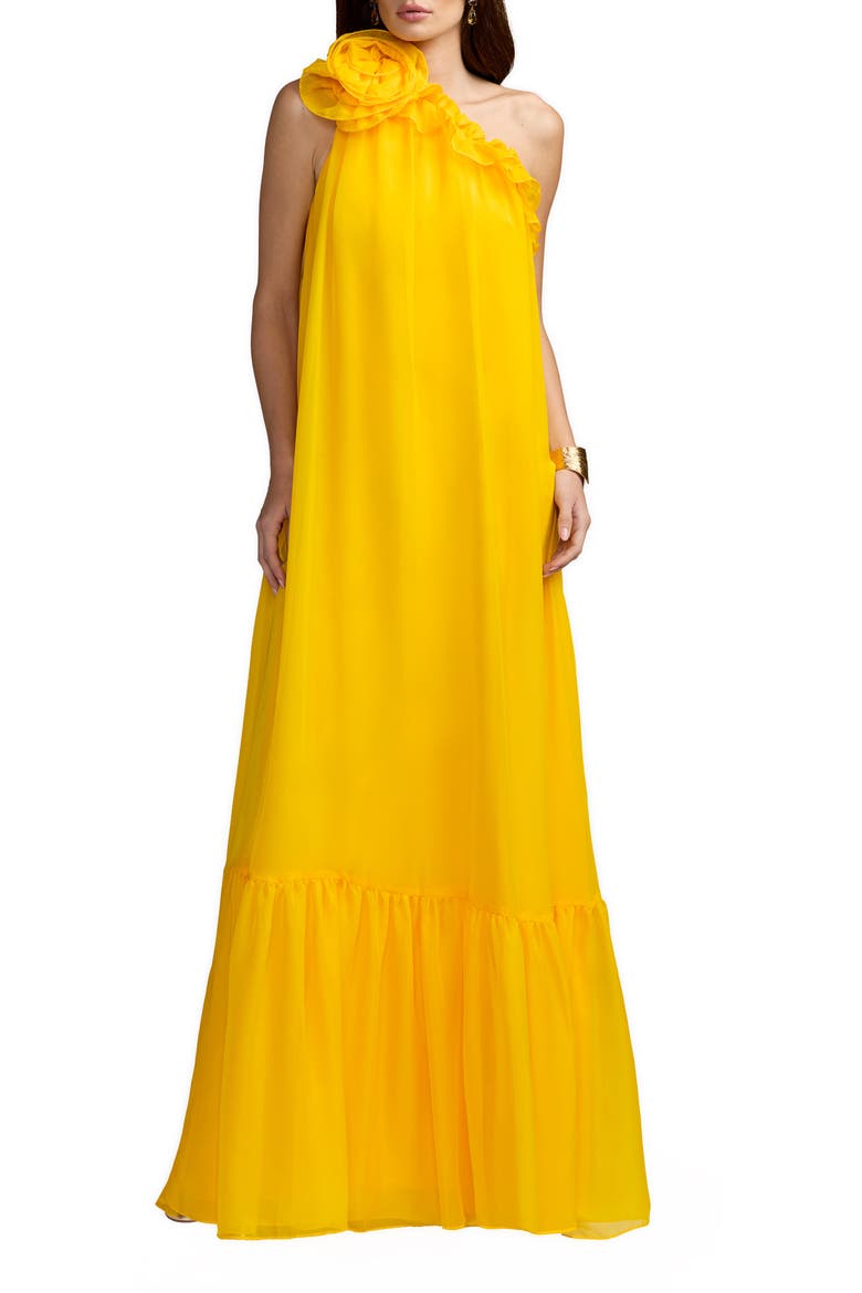 Women's One Shoulder Chiffon Maxi Gown with 3D Rosette, Main, color, Sunshine