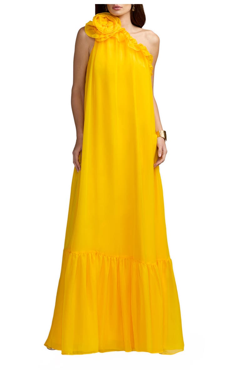 Mac Duggal One Shoulder Chiffon Maxi Gown with 3D Rosette, Main, color, Sunshine