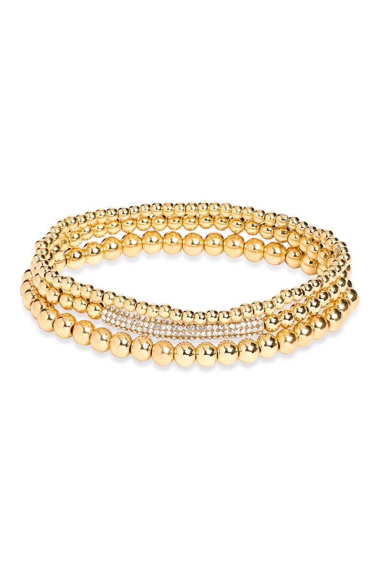 Pisa Set of 3 Pavé Crystal Bar Beaded Stretch Bracelets, Main, color, GOLD