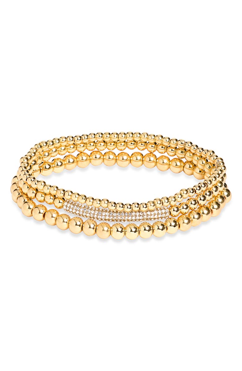 BaubleBar Pisa Set of 3 Pavé Crystal Bar Beaded Stretch Bracelets, Main, color, Gold
