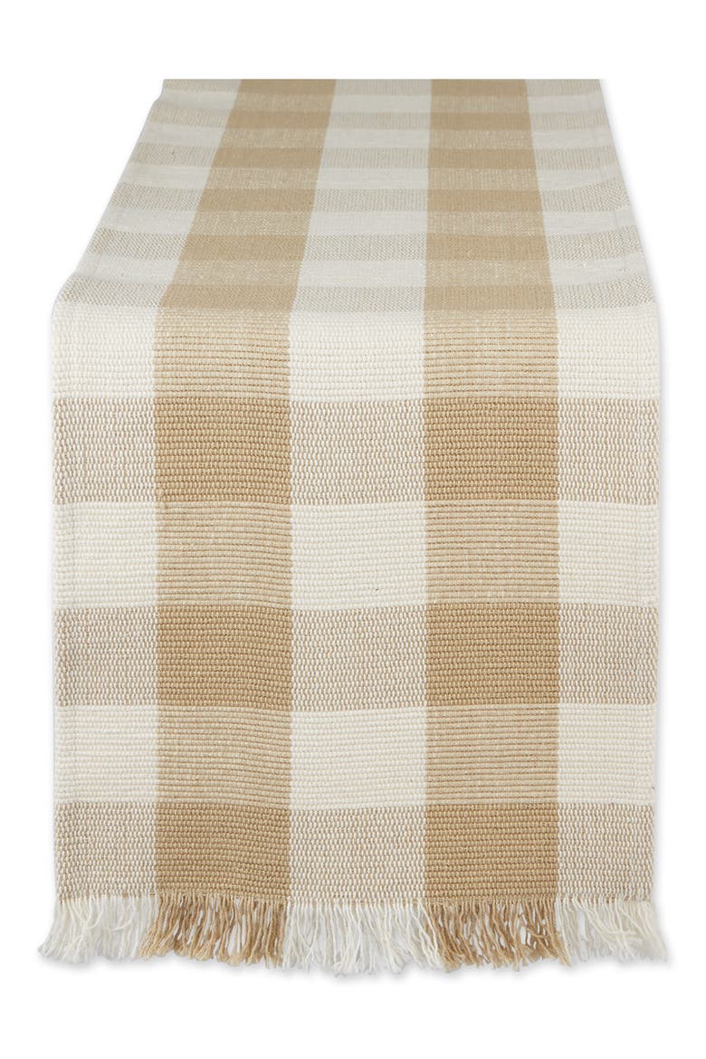 Checkered Fringe Cotton Table Runner, Main, color, BROWN