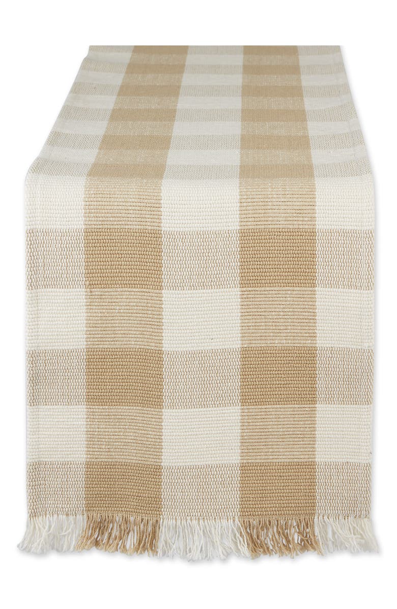 Design Imports Checkered Fringe Cotton Table Runner, Main, color, Brown