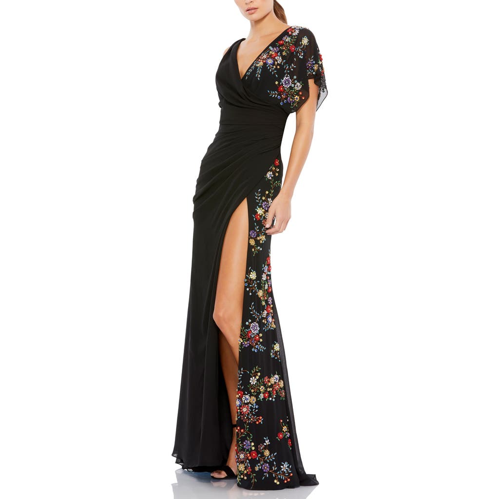 Mac Duggal Floral Beaded Flutter Sleeves Chiffon V Neck Faux Wrap Dress In Black Multi