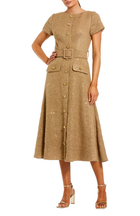 Boucle Cap Sleeve High Neck Button Up Midi Dress