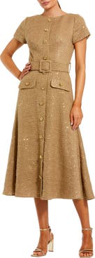 Mac Duggal Boucle Cap Sleeve High Neck Button Up Midi Dress