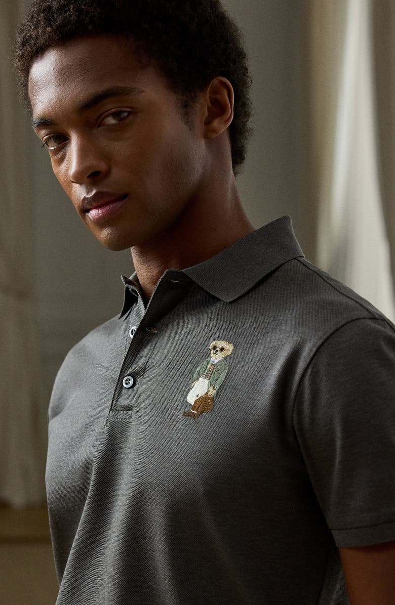 Ralph Lauren Purple Label Polo Bear Patch Cotton Piqué Knit Polo, Alternate, color, Med Grey Melange
