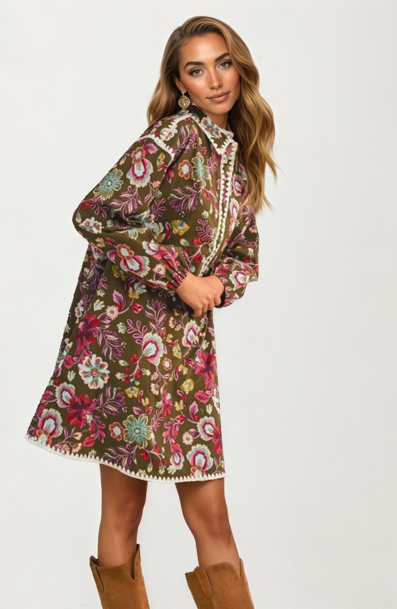 Knit and Lounge Floral Embroidered Long Sleeve Mini Dress, Alternate, color, 