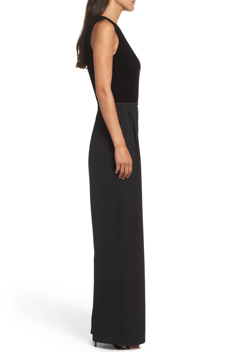 Velvet & Crepe Jumpsuit, Alternate, color, BLACK
