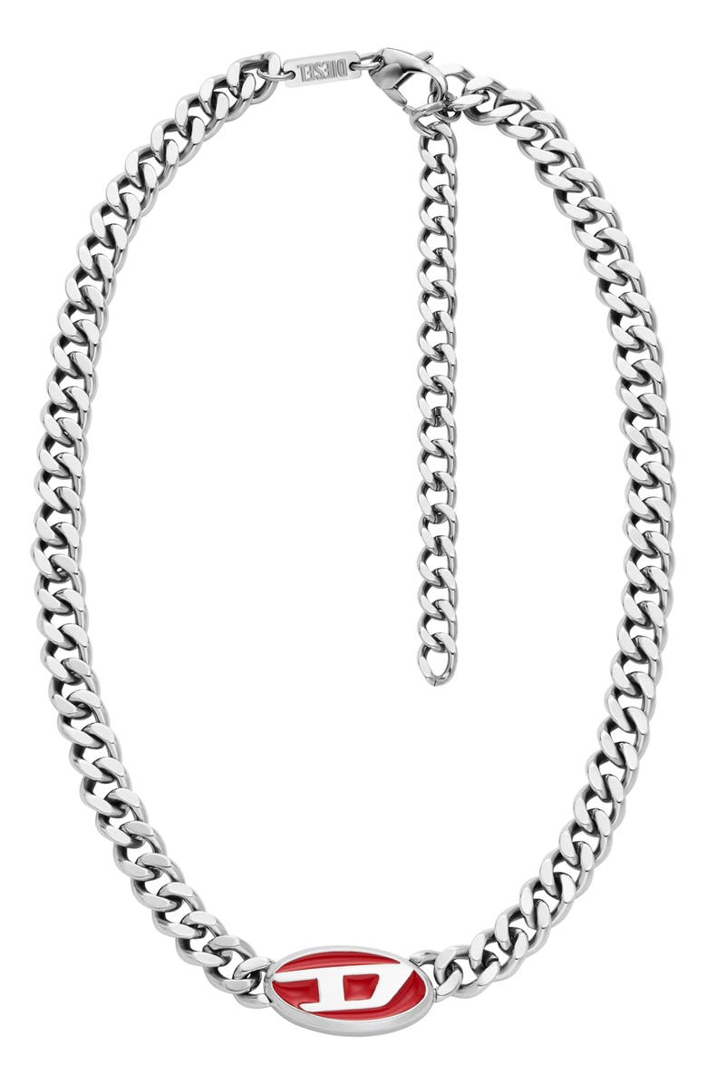 DIESEL<sup>®</sup> Oval D Enamel Pendant Chain Necklace, Main, color, Silver/ Red
