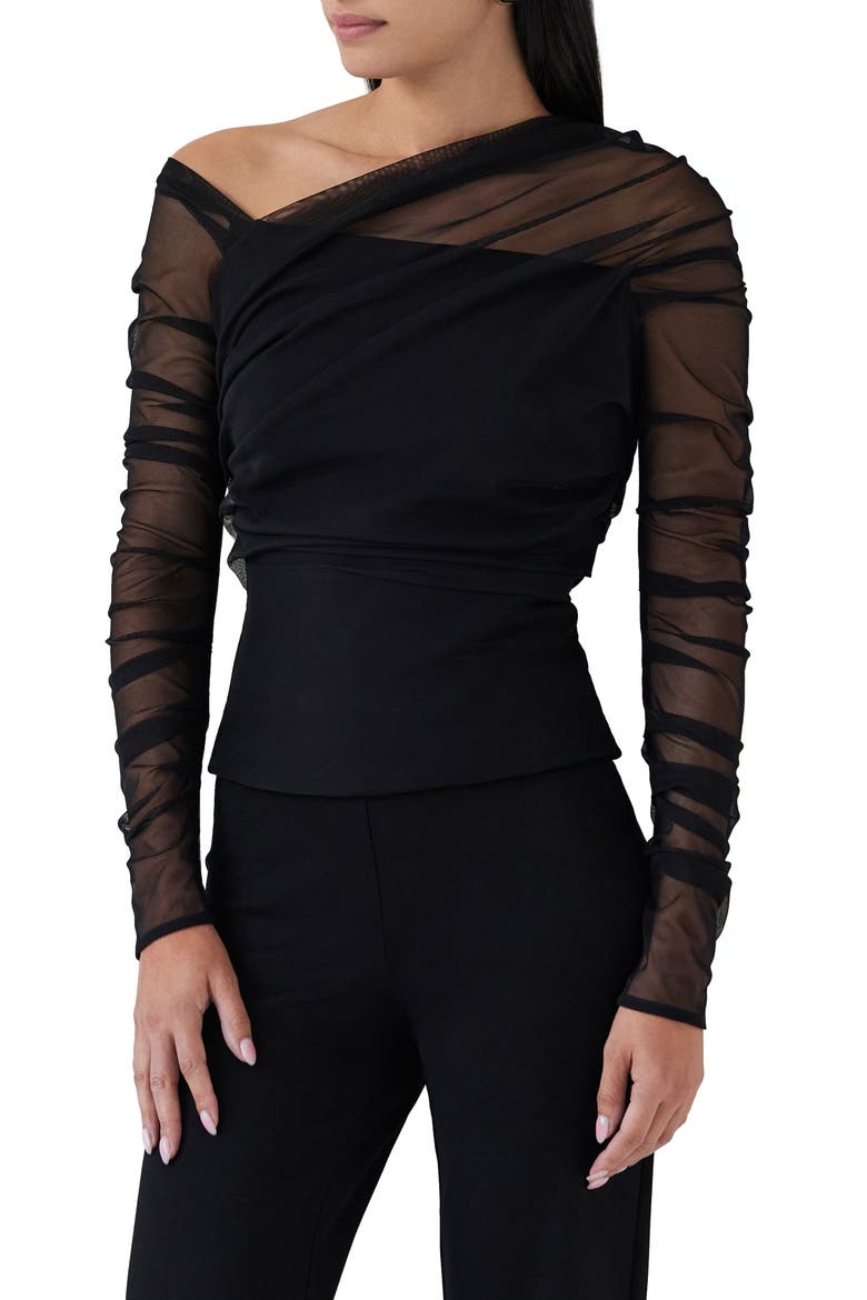 Monroe One-Shoulder Mesh Overlay Top, Main, color, BLACK