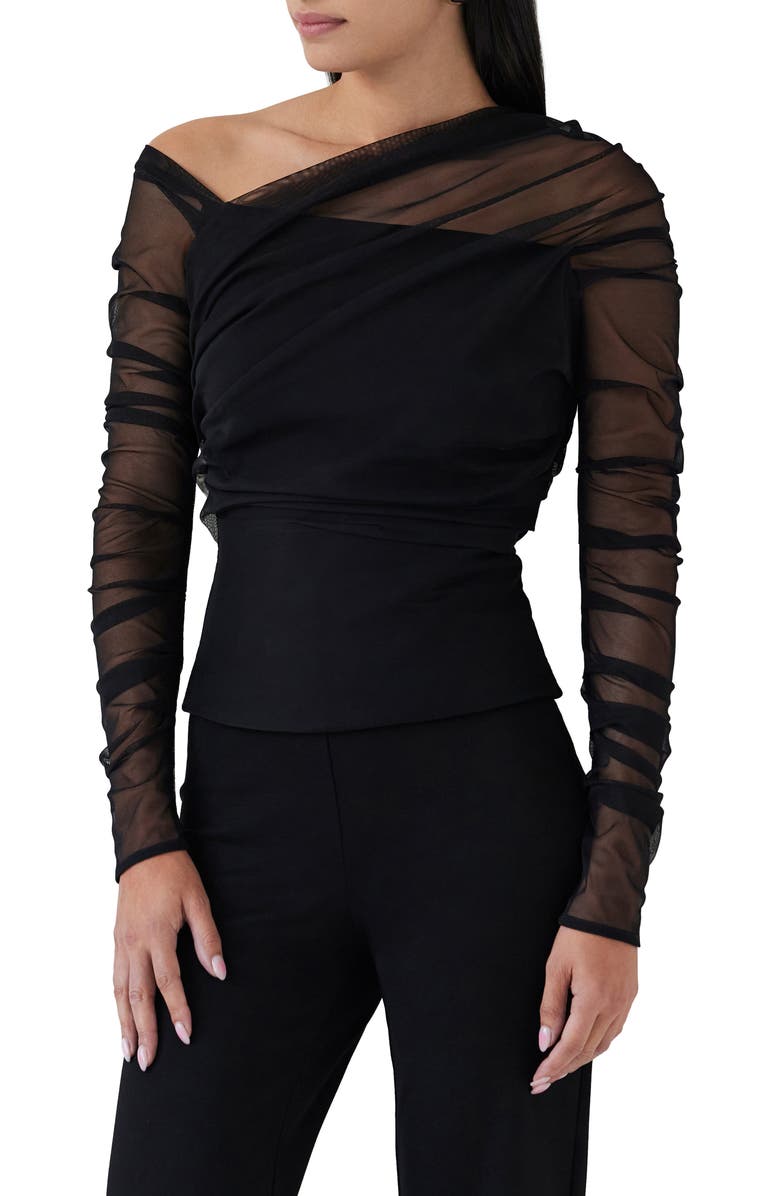 Marcella Monroe One-Shoulder Mesh Overlay Top, Main, color,