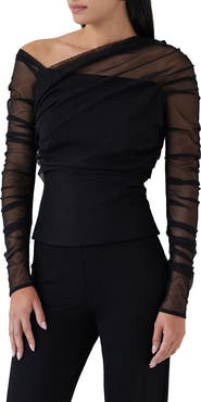 Marcella Monroe One-Shoulder Mesh Overlay Top
