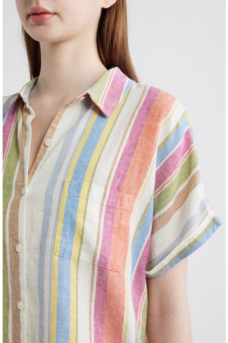 Stripe Linen Blend Short Sleeve Button-Up Shirt, Alternate, color, IVORY MULTI STRIPE