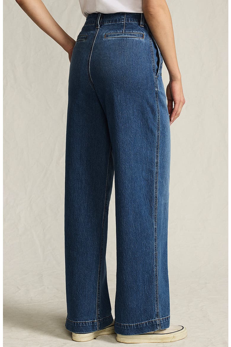 Petite Soft Denim High Rise Wide Leg Top Stitch Trousers, Alternate, color, Indigo Tide Blue