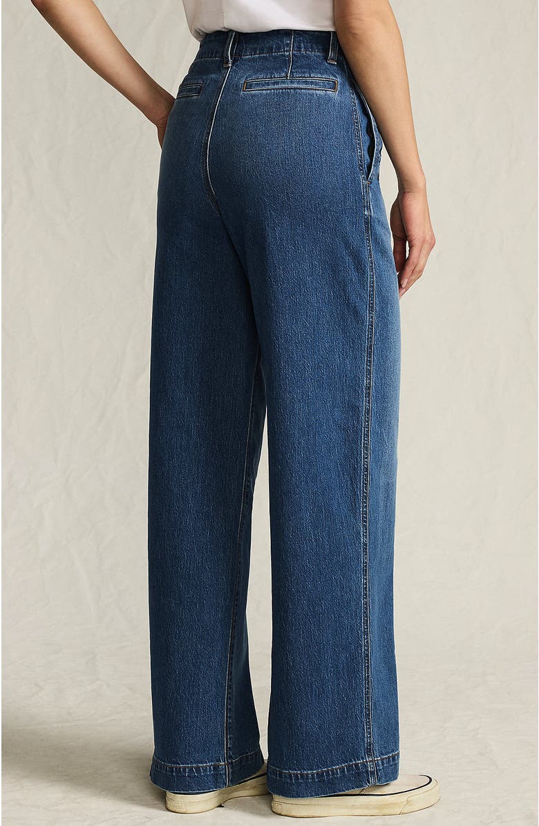 Lands' End Petite Soft Denim High Rise Wide Leg Top Stitch Trousers, Alternate, color, Indigo Tide Blue