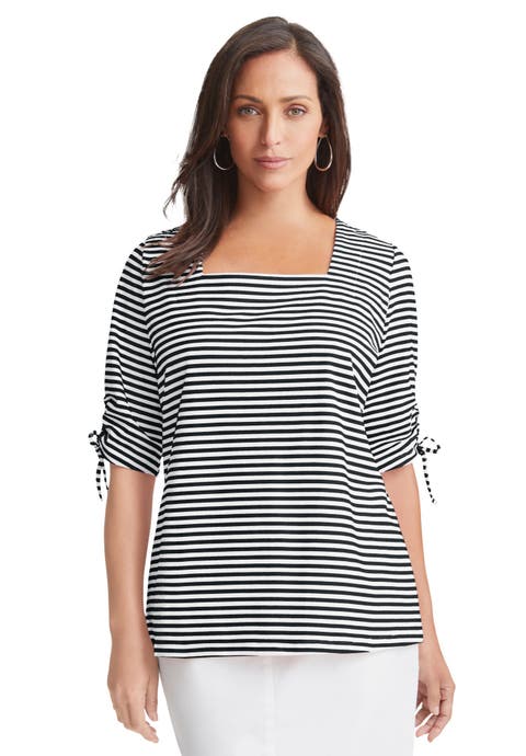 Stretch Cotton Tie Sleeve Square Neck Tee (Plus)