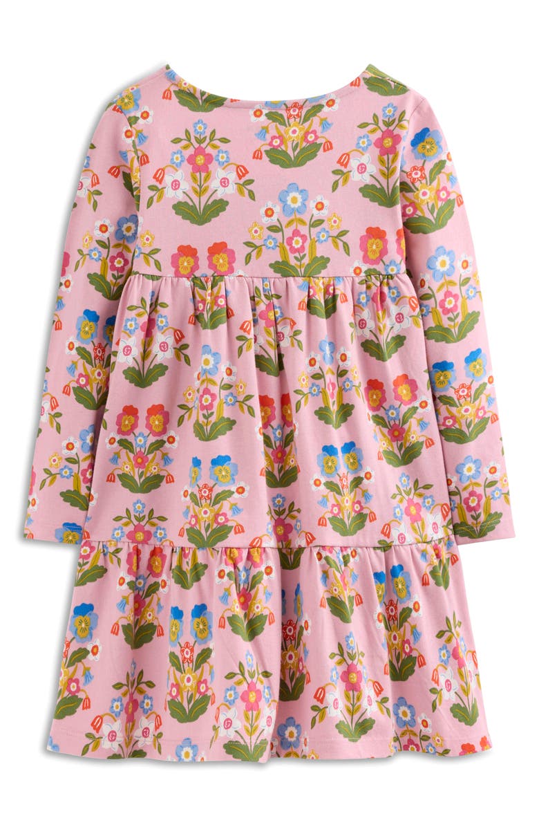 Mini Boden Kids' Floral Long Sleeve Tiered Cotton Jersey Dress, Alternate, color, Pink Woodblock