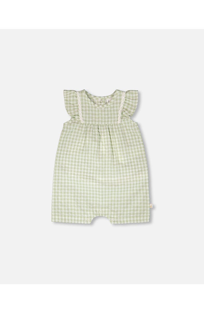 Deux par Deux Sleeveless Flutter Ruffles Gingham Romper, Main, color, Green Gingham