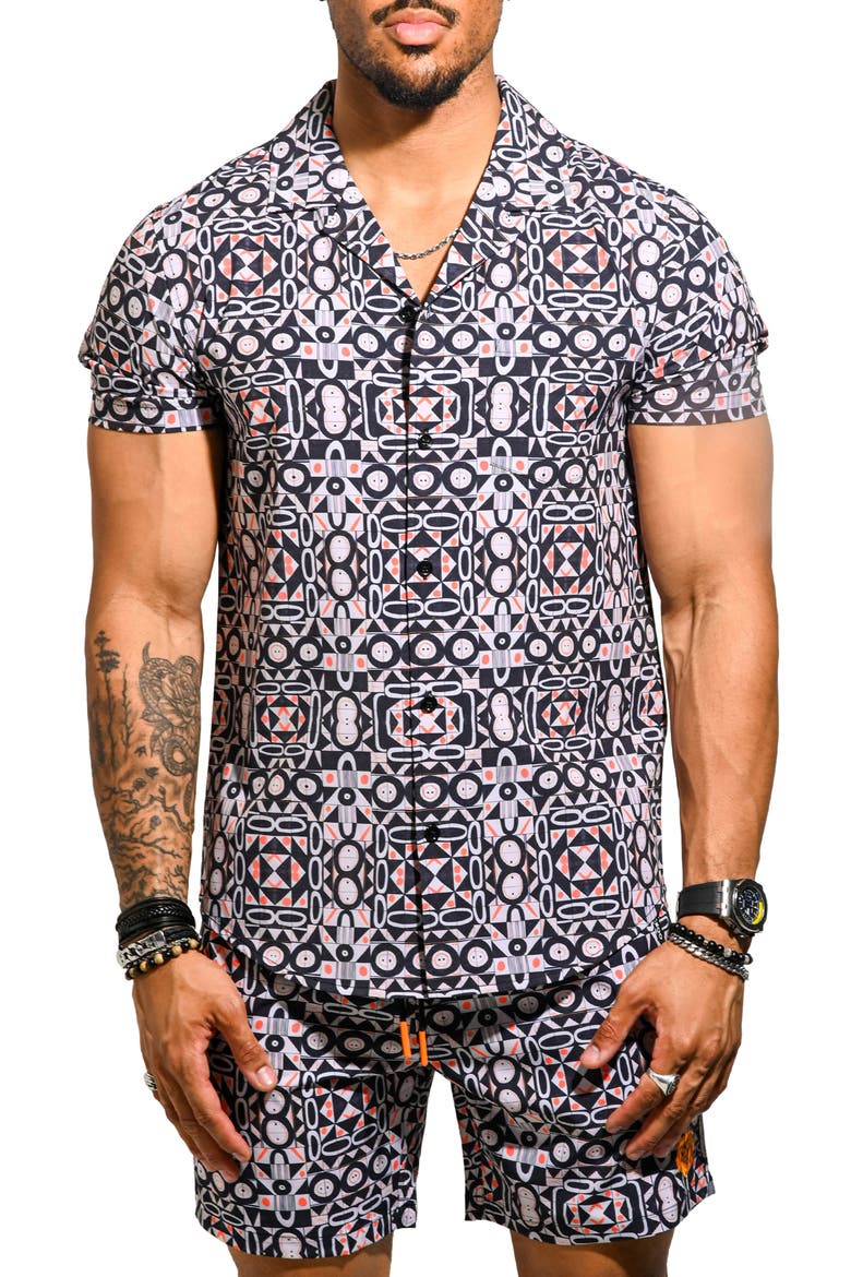 Beachtiles Black Short Sleeve Cotton Button-Up Shirt, Main, color, BLACK