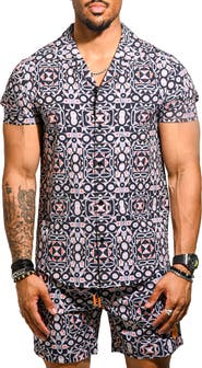 Maceoo Beachtiles Black Short Sleeve Cotton Button-Up Shirt