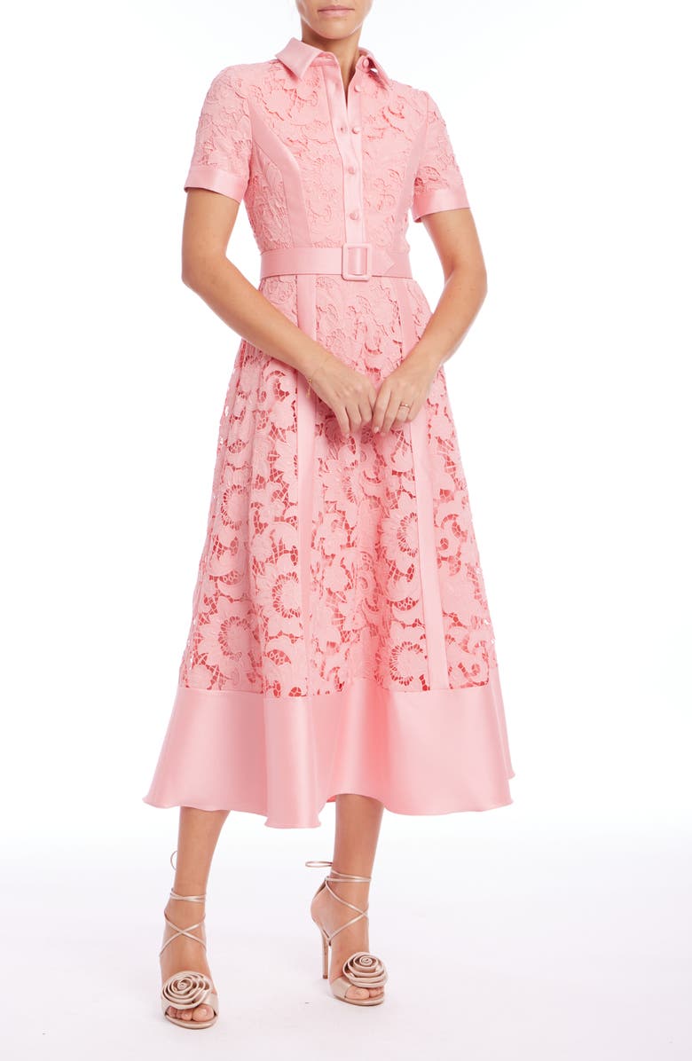 Badgley Mischka Collection Belted Floral Lace & Mikado Cocktail Dress, Main, color, Peony