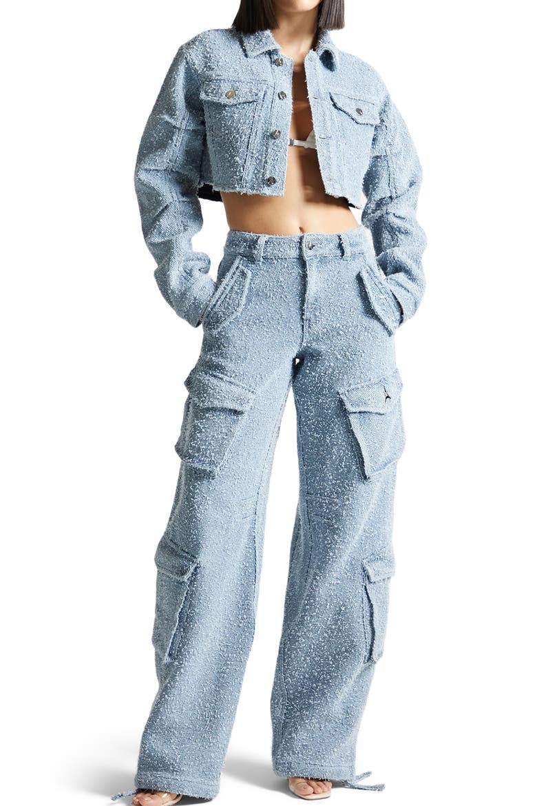 Anne High Waisted Boucle Denim Cargo Pants, Alternate, color, Mid Blue
