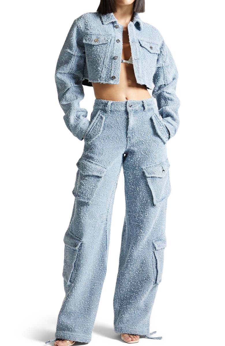 Manière De Voir Anne High Waisted Boucle Denim Cargo Pants, Alternate, color, Mid Blue