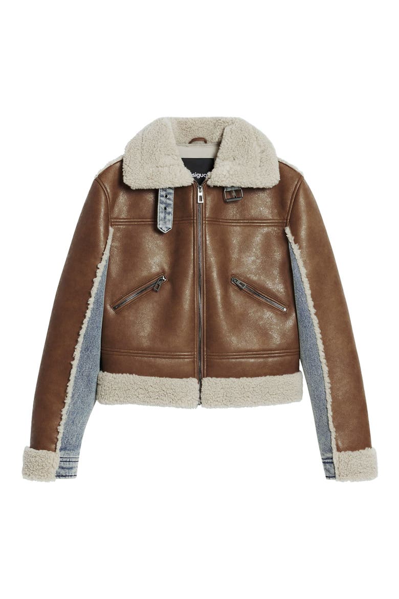 Mixed Media Faux Leather Jacket with Faux Shearling Trim, Alternate, color, BROWN