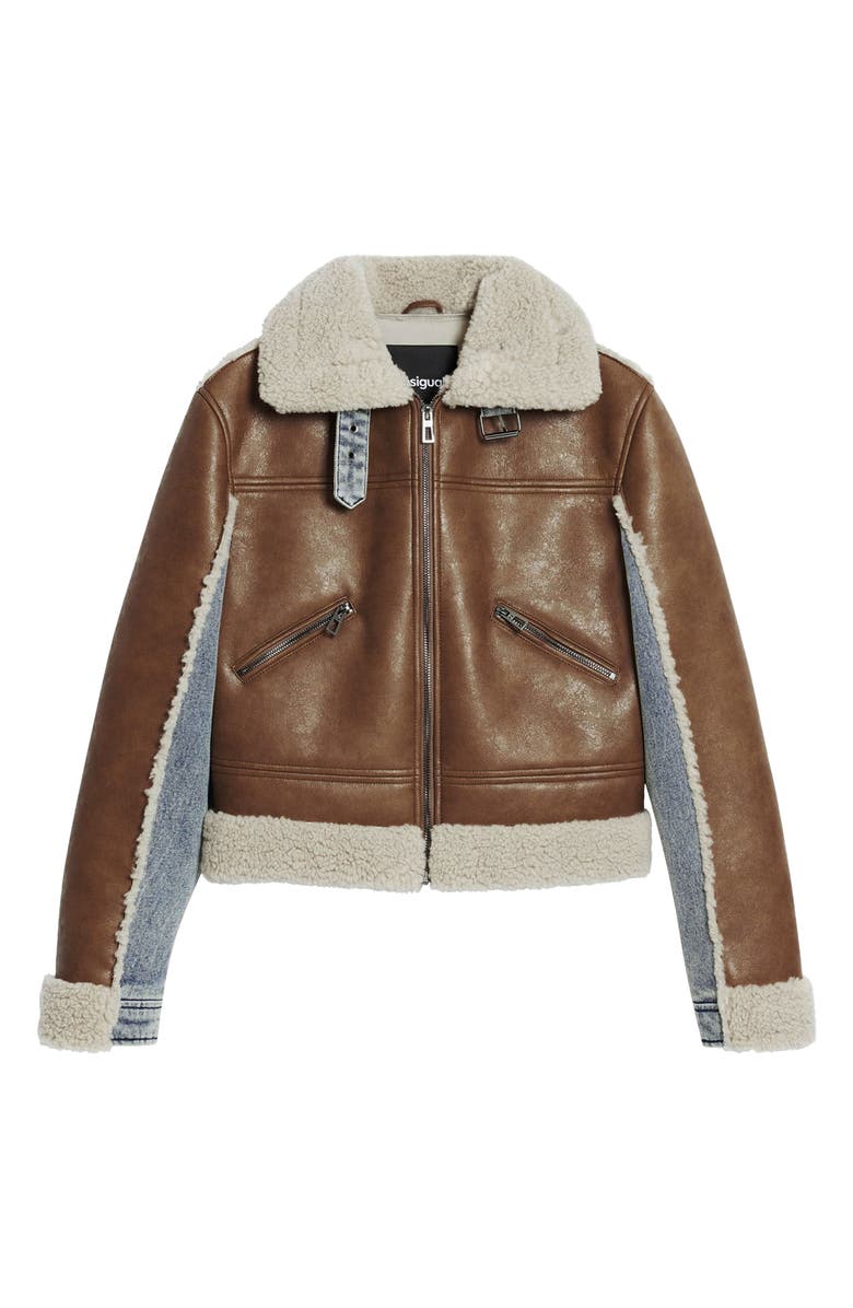 Desigual Mixed Media Faux Leather Jacket with Faux Shearling Trim, Alternate, color, Brown