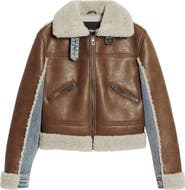Desigual Mixed Media Faux Leather Jacket with Faux Shearling Trim