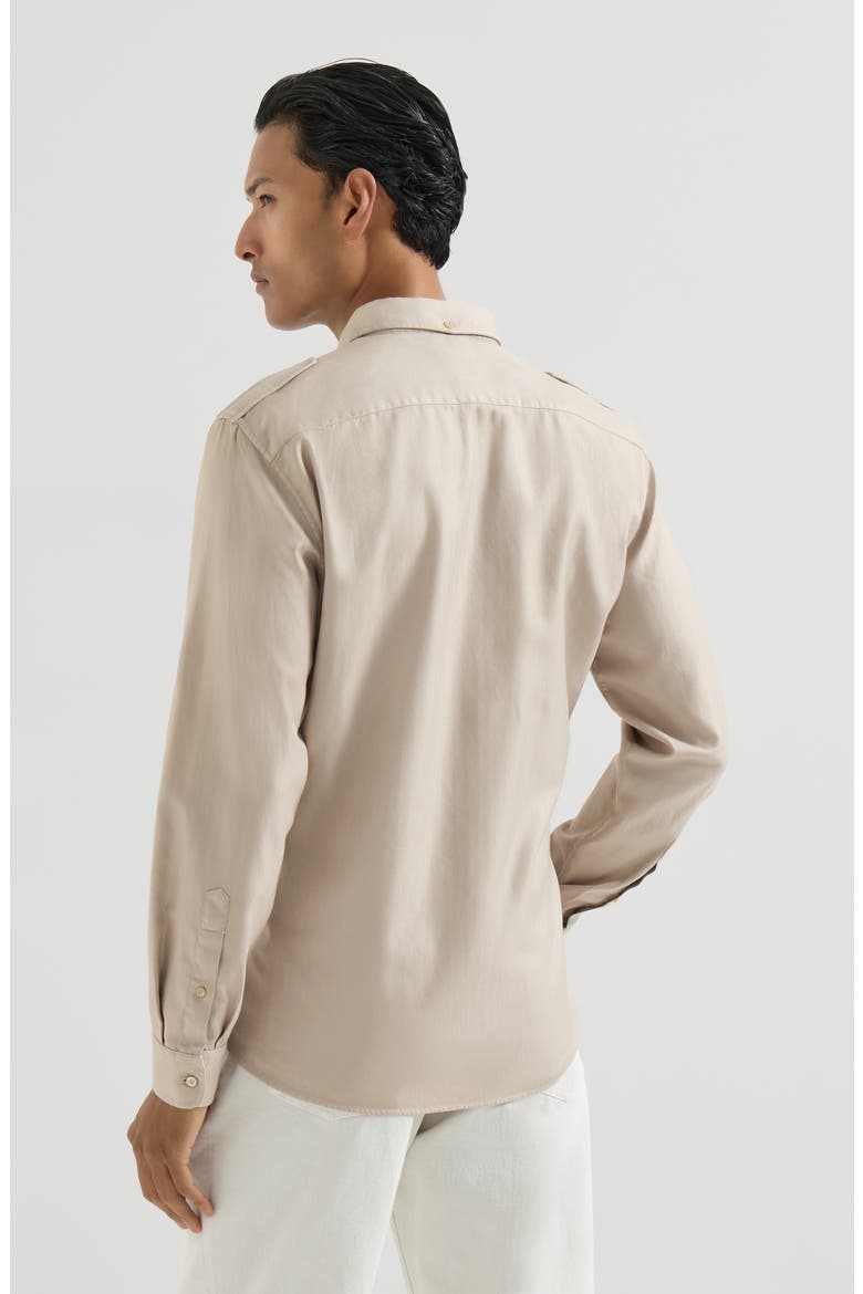 Garment-dyed shirt in cotton chevron with spread collar, epaulettes and chest pockets, Alternate, color, White