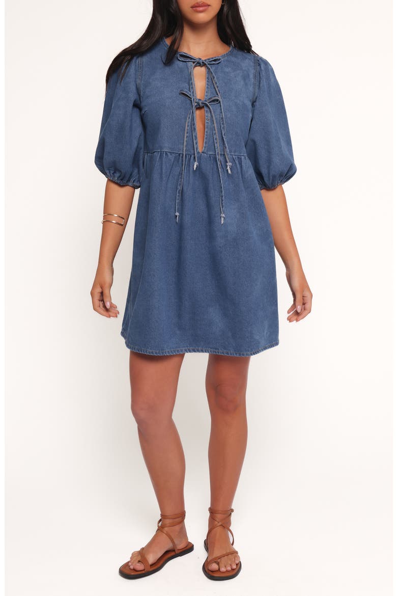 Romana Tie Front Denim Minidress, Main, color, DARK DENIM