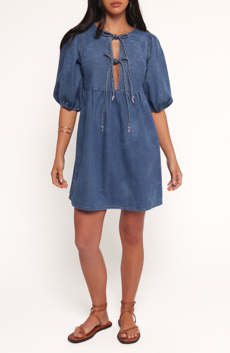 Petal & Pup Romana Tie Front Denim Minidress, Main, color, Dark Denim