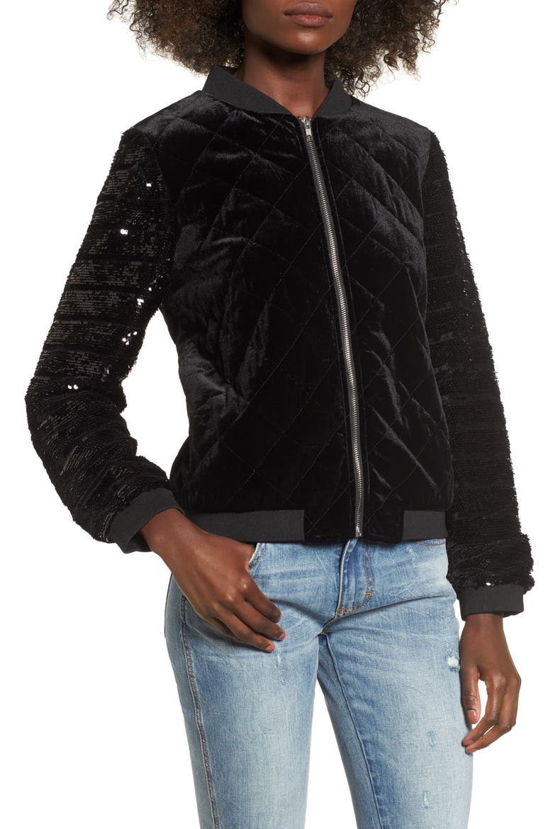 Quilted Sequin & Velvet Bomber, Alternate, color, BLACK