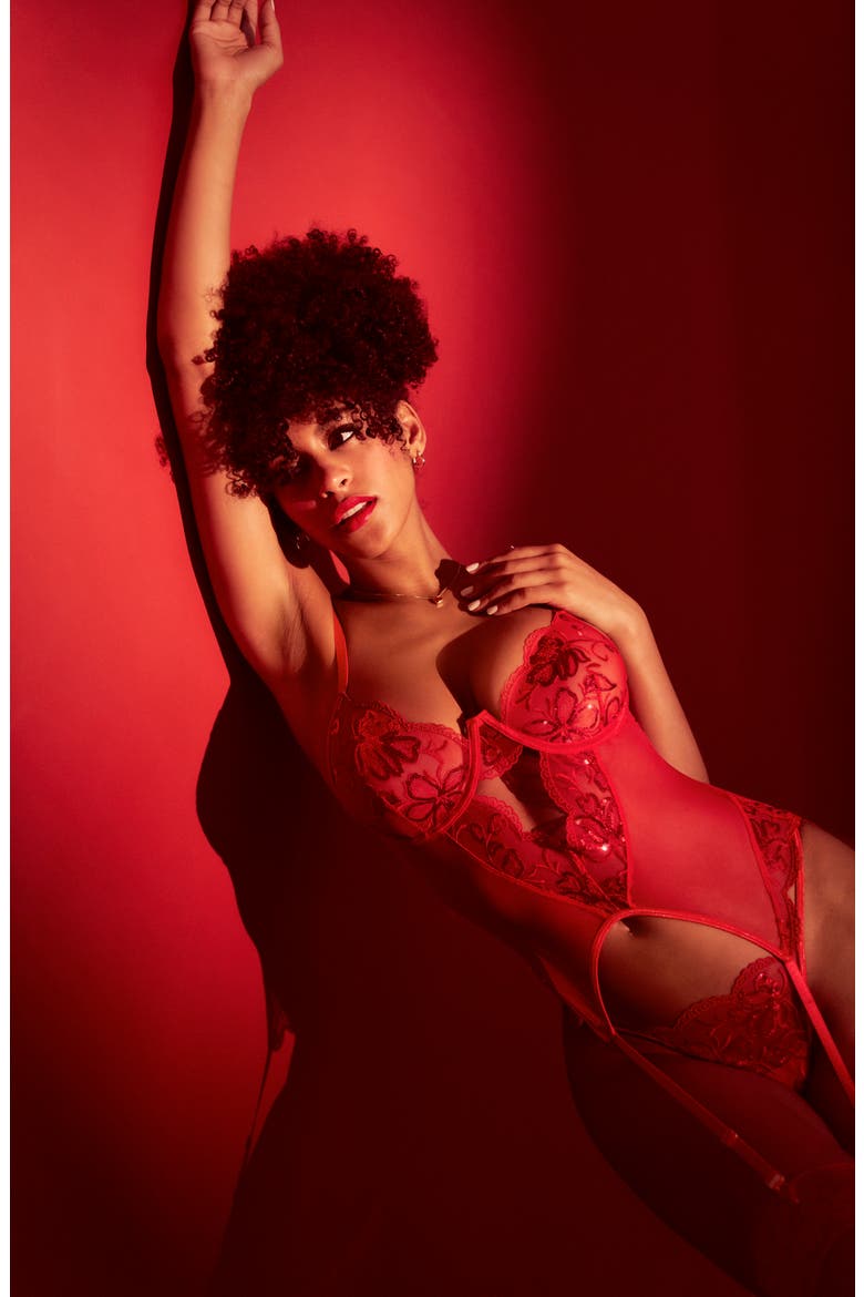 Floral Sequin Basque & G-String Set, Alternate, color, RED