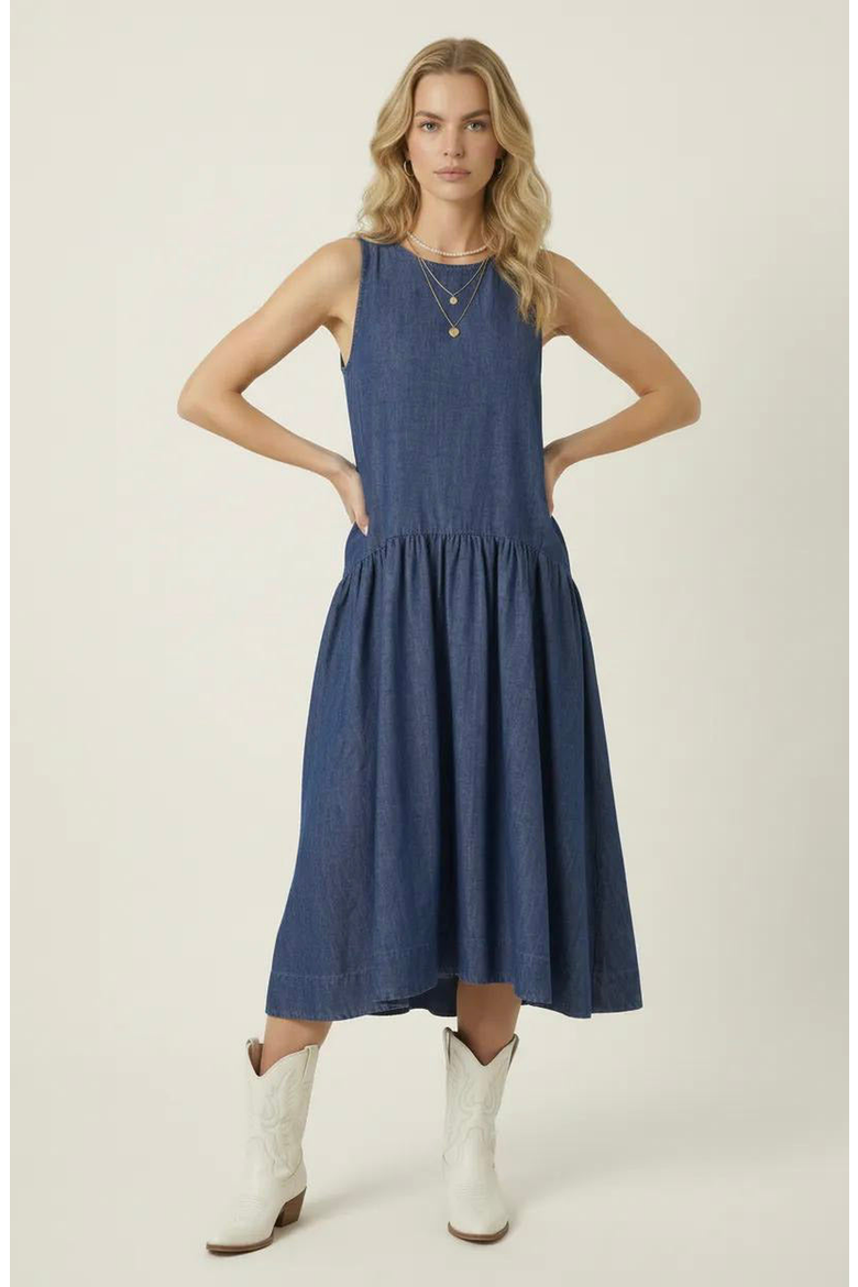 Sleeveless Drop-Waist Gathered Relaxed-Fit Midi Dress, Alternate, color, Blue