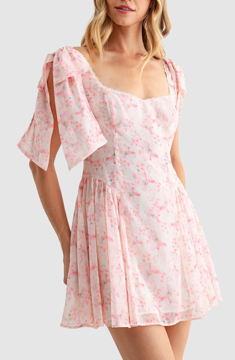 All in Favor Tie Shoulder Fit & Flare Minidress, Alternate, color, Pink Floral