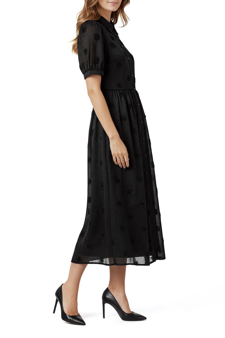 3D Flower Puff Sleeve Midi Shirtdress, Alternate, color, BLACK